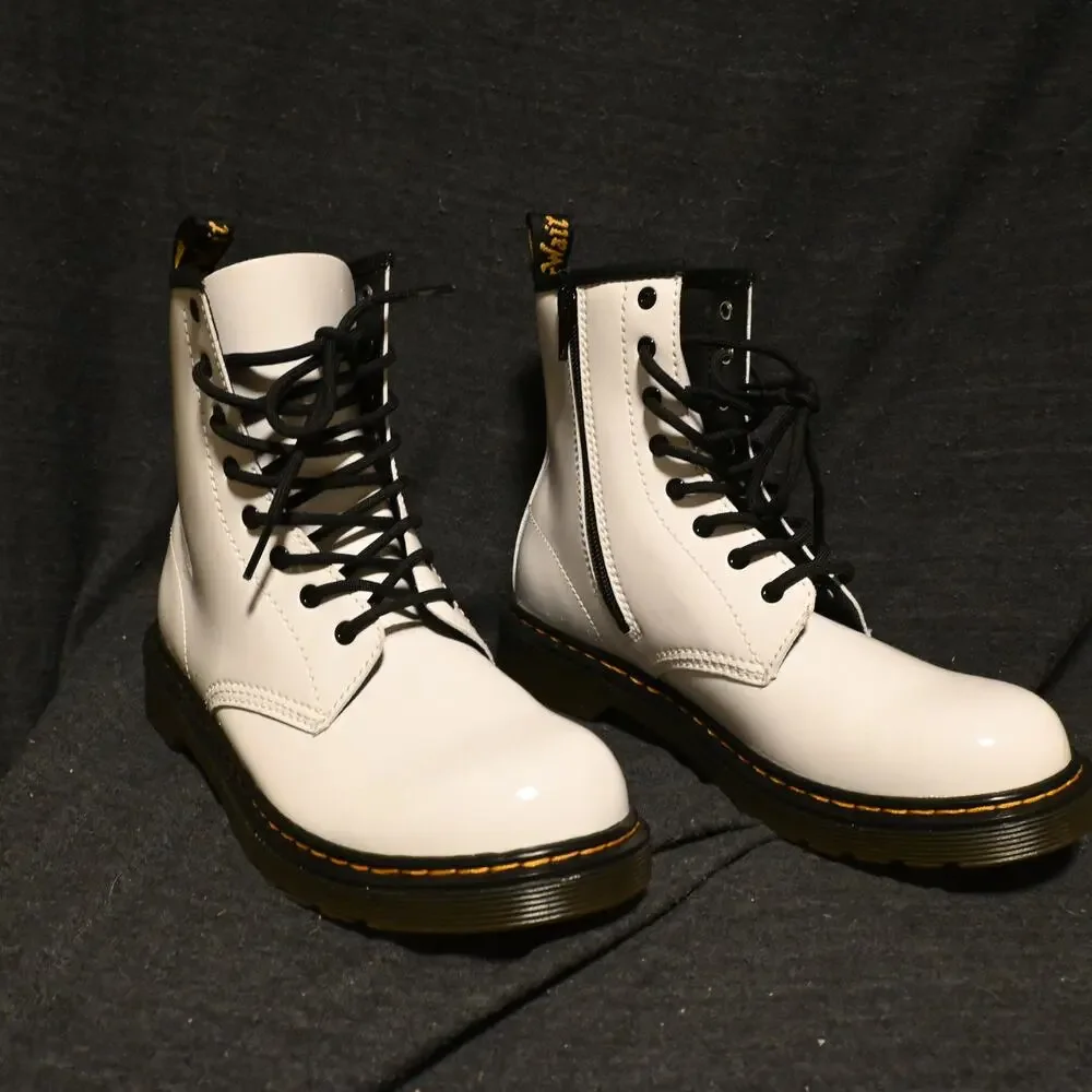 Dr. Martens Youth 5 (Women's 6) White Leather Combat Boots Lace Side Zip 1460Y